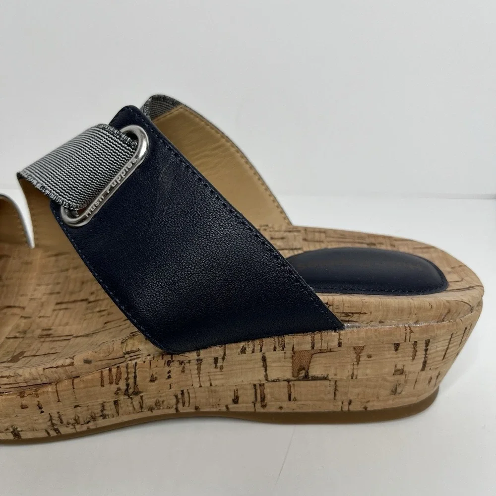 Hush Puppies Bounce Sandals Navy 6.5 M Leather Cork Wedge‎ Heel Stretch Comfort